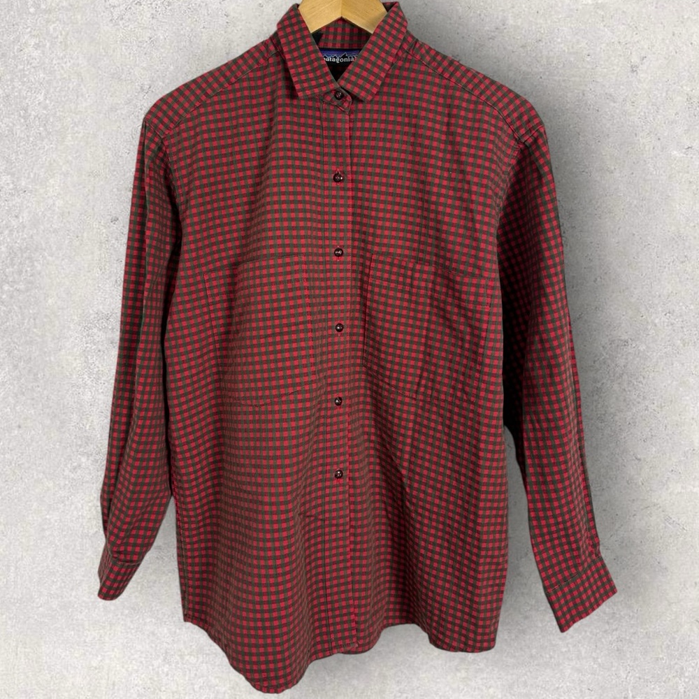 Patagonia Red Plaid Button Down Collared Shirt Womens Size Medium Flannel Brown‎